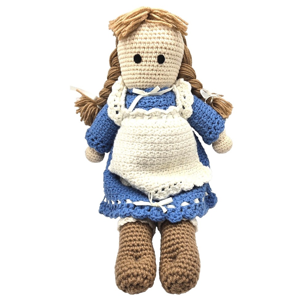 Handmade Crochet Rag Doll 19 Inch Blue Dress White Apron Yarn Hair Stuffed Toy